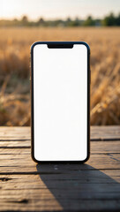 Blank Smartphone Mockup Screen Wood Table Outdoor Sunset