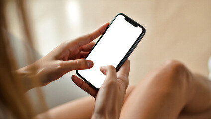 View of hands holding blank smart phone isolated on white