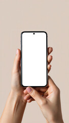 Woman hands holding blank smart phone mockup isolated on white