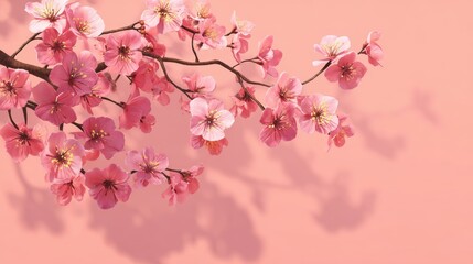 Fototapeta premium Cherry blossom branches with vibrant pink flowers in full bloom on pastel pink background, symbolizing spring, renewal, and natural beauty