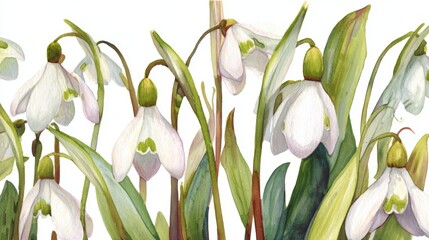 Fototapeta premium Watercolor Botanical Illustration of Snowdrop Flowers with Green Leaves in Naturalistic Style for Seasonal, Decorative, and Commercial Use