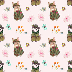 Pattern con graziosi topolini, coniglietti con vestiti d'epoca  e teiere su sfondo rosa