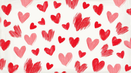 Seamless pattern of red and pink hand drawn hearts scattered on white background. Love, romance, valentine, wedding, greeting card and romantic design concept