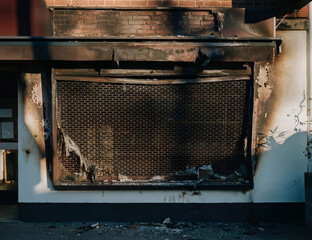Closed and damaged storefront facade with metal security shutter and weathered brick wall. Urban street scene showing decay, peeling paint, broken surfaces, and abandoned architecture.
