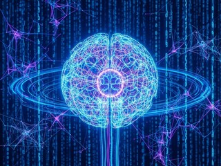 Futuristic digital brain illustration symbolizing Artificial Intelligence and neural networks. Ideal for tech blogs, AI research articles, and science fiction themed marketing content.