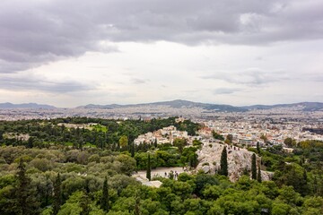 Cityscape of Athens city in Greece with famous Areopagus Hill