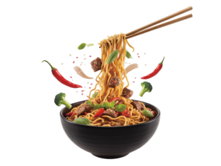 Dynamic stir fry noodles with beef, broccoli and chili for Asian food advertising isolated on white background