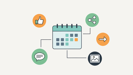 Calendar with icons and graphics surrounding.