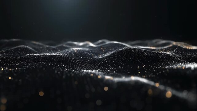 flowing particle waves form an abstract digital landscape with glowing silver and golden points on a dark background, concept of technology, data and artificial intelligence