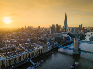 London city skyline panorama. Aerial drone view of panoramic background of London. Iconic skyline with skyscrapers, river Thames, historic landmarks