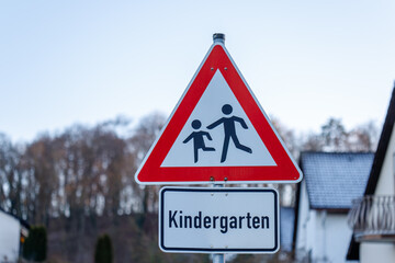 Kindergarten warning sign cautioning drivers about children