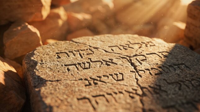Close-up of Ten Commandments Tablets with Etched Hebrew Writing in Amber Sunlight.