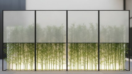 Interior design featuring a transparent room partition with bamboo and diffused light creating a tranquil, calming and refreshing atmosphere for decor
