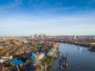 London city skyline panorama. Aerial drone view of panoramic background of London. Iconic skyline with skyscrapers, river Thames, historic landmarks