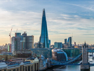 Aerial drone view of The Shard in London skyline - iconic skyscraper rising above the city panorama during a sunset