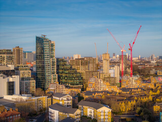 London city skyline panorama. Aerial drone view of panoramic background of London. Iconic skyline with skyscrapers, river Thames, historic landmarks