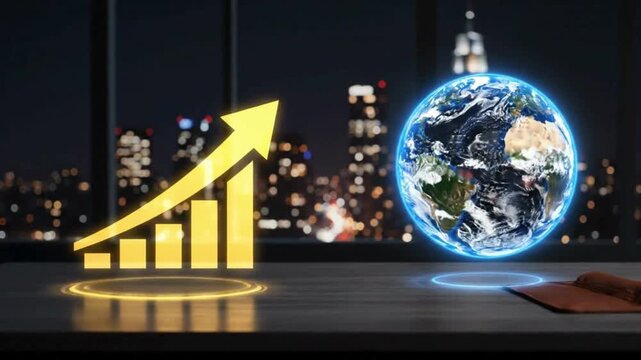 Holographic globe and glowing bar chart with upward arrow on a desk in a modern office overlooking a city skyline at night, symbolizing global business growth and success.