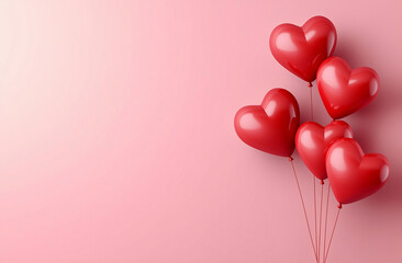 Valentine&rsquo;s Day concept with red heart-shaped balloons on pink background. Romantic composition with copy space for text.