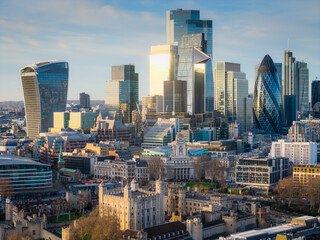 London city. Aerial drone view City of London skyline with modern skyscrapers and historic financial district with sky terrace, the Gherkin and others