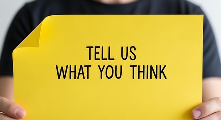Person holding a yellow sign with TELL US WHAT YOU THINK written on it, encouraging feedback and opinions.