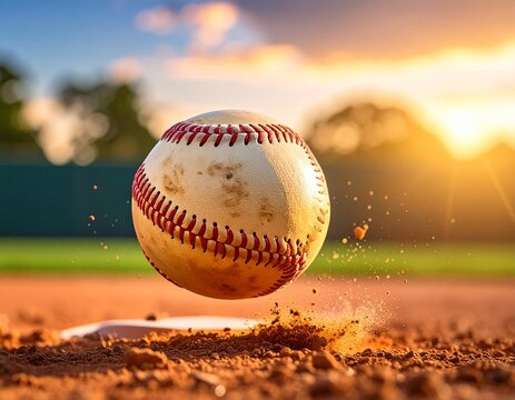 Close-up action shot of a baseball in mid-air, hitting the dirt with a kick-up of dust and debris, during a sunny day game