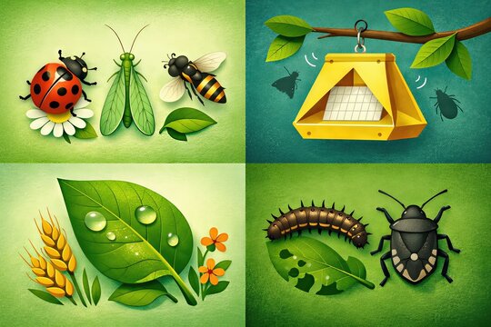 Engaging microecosystem exploration featuring colorful insects and plants capturing biodiversity and environmental synergy through detailed illustrations and intricate design elements
