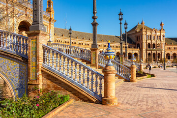 Decorated bridges on Spain square in Seville, Spain