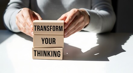 Person arranging wooden blocks with Transform Your Thinking message.