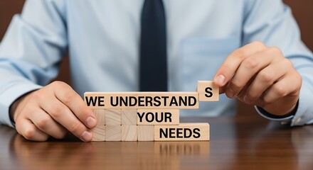 Businessman arranging wooden blocks to spell out WE UNDERSTAND YOUR NEEDS.
