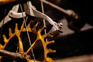 Old clock mechanism, clock gears, close up