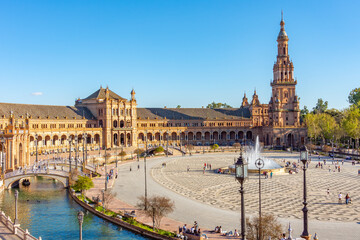 Fototapeta premium Panorama of Spain square in Maria Luisa park, Seville, Spain