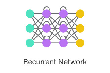 Recurrent neural network (RNN) concept illustration with feedback loops and sequential data flow, used for time series prediction, natural language processing, and AI sequence modeling.