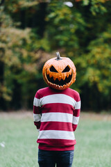 Person Wearing a Pumpkin Head Standing Outdoors in Autumn
