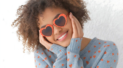 Smiling young woman with beautiful curly hair wearing heart-shaped glasses and a patterned sweater, happily embracing feelings of love, happiness, and positivity