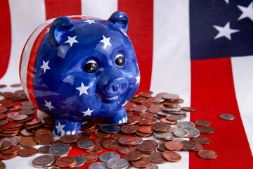 American piggy bank with pennies and other coins