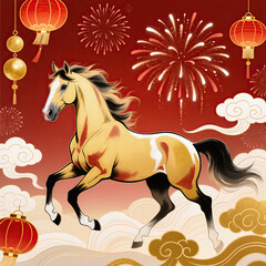 Happy Chinese New Year of the horse 2026 festive illustration with gold horse, traditional Chinese elements, lanterns and fireworks.