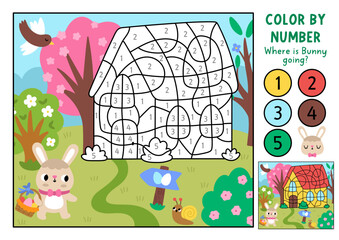 Vector Easter color by number activity with bunny going home with colored background. Spring holiday black and white counting, colouring game, coloring page for kids with blooming garden scene