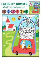 Vector Easter color by number activity with hen driving car with eggs to church. Spring holiday black and white counting game, coloring page for kids with colored background with cute silly bird