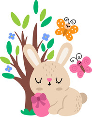 Obraz premium Vector Easter bunny sitting with pink egg near blooming tree and butterflies. Funny rabbit icon. Cute spring or farm animal illustration for kids. Funny hare clipart isolated on white background