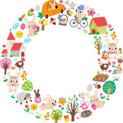 Obraz premium Vector Easter round border frame with traditional symbols, bunny, chick, colored egg. Card template design for banners, invitations. Cute spring holiday wreath shaped illustration with church