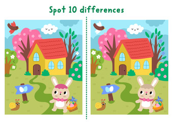 Naklejka premium Easter find differences game for children. Spring holiday educational activity with bunny going to house with gg basket. Puzzle for kids. Printable worksheet, page with cute rural scene