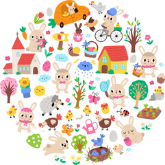 Obraz premium Vector Easter round frame with traditional symbols, bunny, chick, colored egg. Card template design for banners, invitations. Cute spring holiday illustration with church, blooming trees, rabbits, sun
