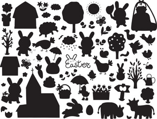 Vector Easter silhouettes clipart set. Farm black icons collection with bunny, chicks, church, eggs, basket, flowers, house, nest, nature element. Spring holiday shadow illustrations for kids