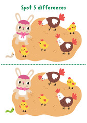 Obraz premium Easter find differences game for children. Spring holiday educational activity with bunny feeding hens and chickens. Cute puzzle for kids. Printable worksheet, page for logic and attention