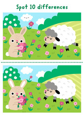 Easter find differences game for children. Spring holiday educational activity with bunny picking flowers on meadow with sheep. Puzzle for kids. Printable worksheet, page with cute rural scene