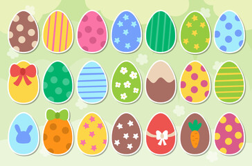 Vector Easter stickers set. Cute patches collection with colored eggs. Decorated holiday symbols collection. Funny spring icons or clipart with white contour