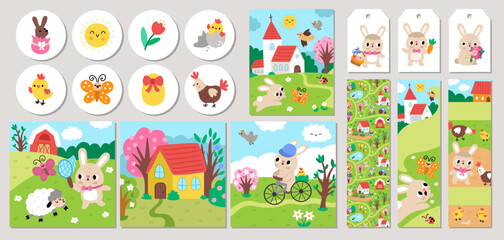 Cute Easter cards set with bunny, chicken, church, colored eggs, farm house. Vector square, round, vertical print templates. Spring holiday design for tags, postcards, ads with rural landscapes