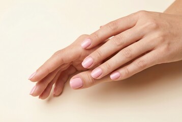 Elegant Female Hands with a Gentle Pink Manicure on a Warm Cream Nude Background.