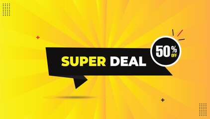 Super deal 50% off eps format editable banner template design with black gradient shapes with yellow white bold font yellow orange hot abstract background