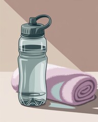 Water Bottle And Towel featuring a sports water bottle with small towel, created as a calm neutral scene for mindfulness, mental balance and routine planning without distracting from main content